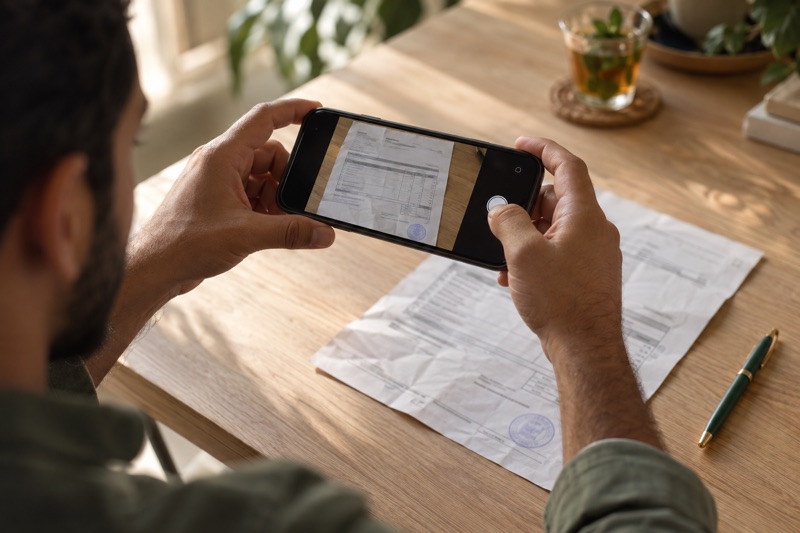 Une main photographie une facture papier avec un téléphone